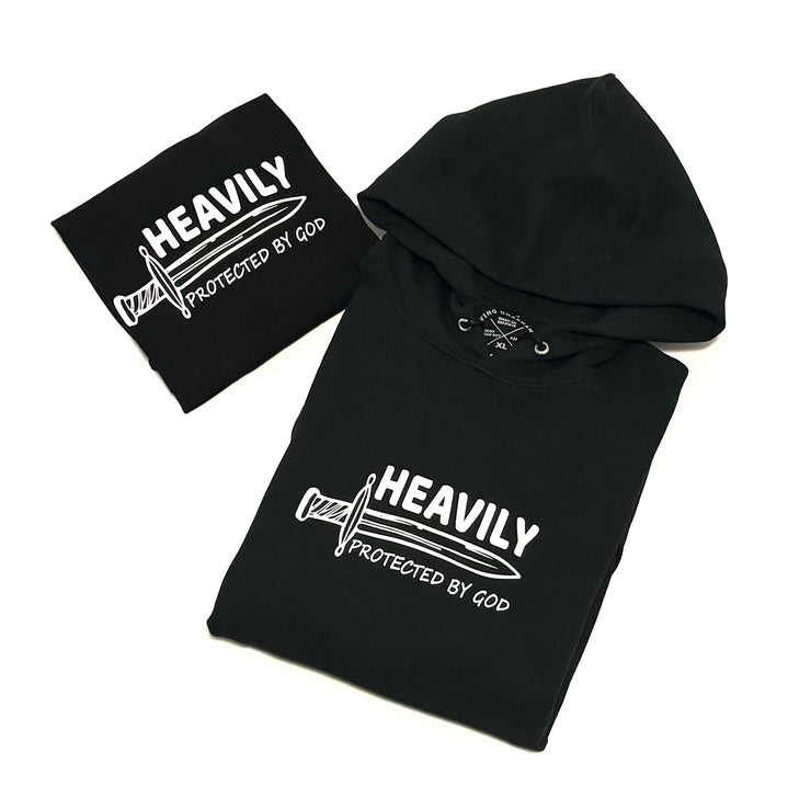 New Drop "Heavily protected by God" Black Hoodie & tee combo; unisex