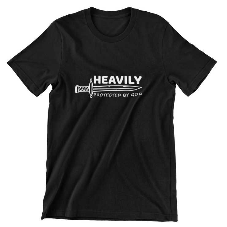 "Heavily Protected by God" Black T-shirt; unisex