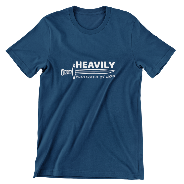 "Heavily Protected by God" Navy blue T-shirt; unisex