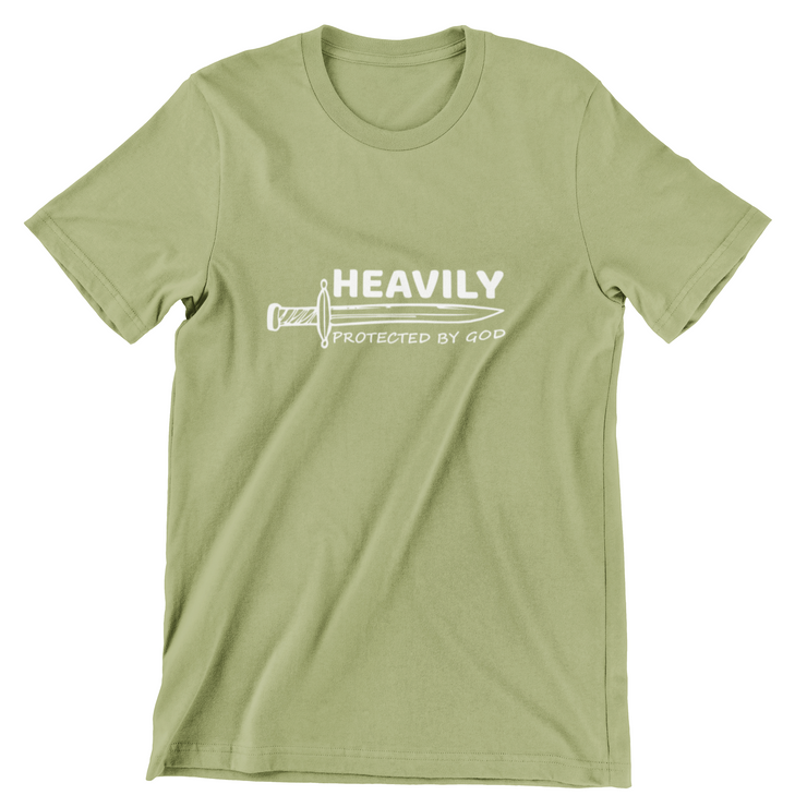 "Heavily Protected by God" Olive green T-shirt; unisex