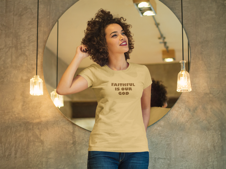 "Faithful Is Our God" Tan T-shirt with brown print; unisex
