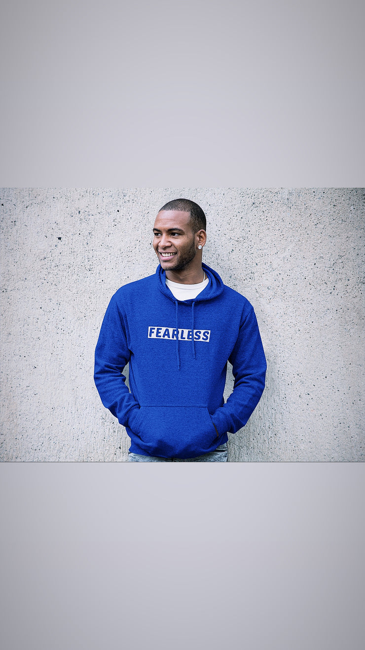 "Fearless" Heather Royal Blue hoodie with white print; unisex