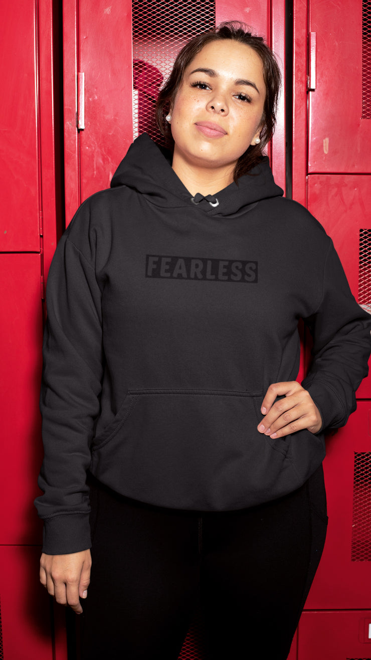 "Fearless" Black hoodie with black print; unisex