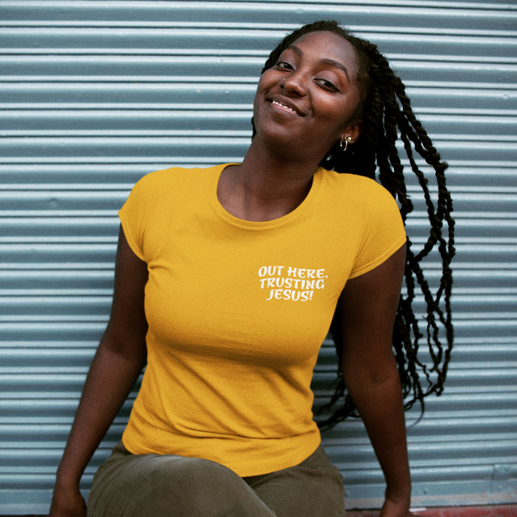 "Out Here, Trusting Jesus" Mustard t-shirt; unisex