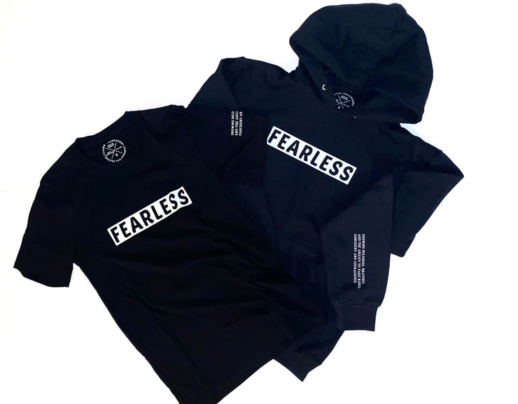 "Fearless"  Black tee & hoodie combo with white print; unisex
